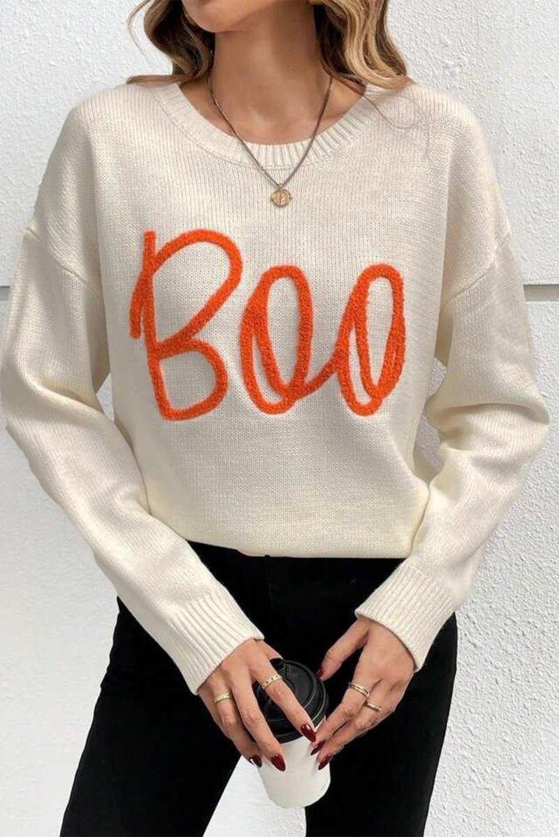 Cream Knitted "Boo" Pattern Sweater - Klazzi Fashion Boutique