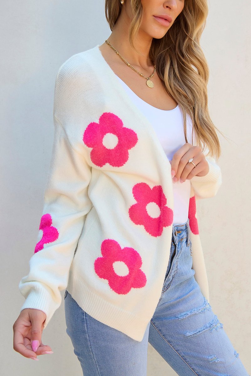 Cream Rose Flower Pattern Cardigan - Klazzi Fashion Boutique