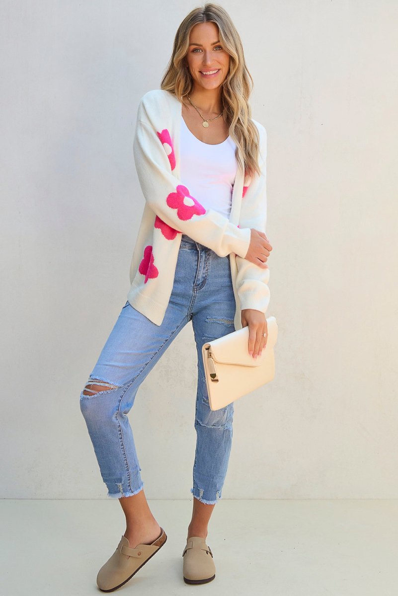 Cream Rose Flower Pattern Cardigan - Klazzi Fashion Boutique