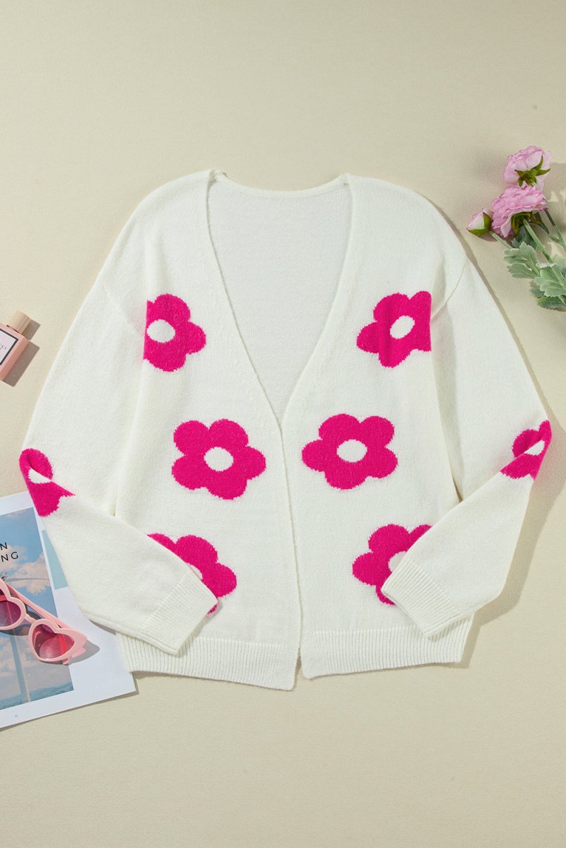 Cream Rose Flower Pattern Cardigan - Klazzi Fashion Boutique