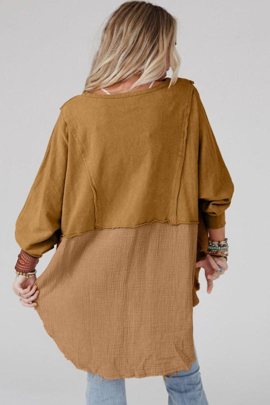 Crinkle Splicing Fringe Oversized Blouse - Klazzi Fashion Boutique