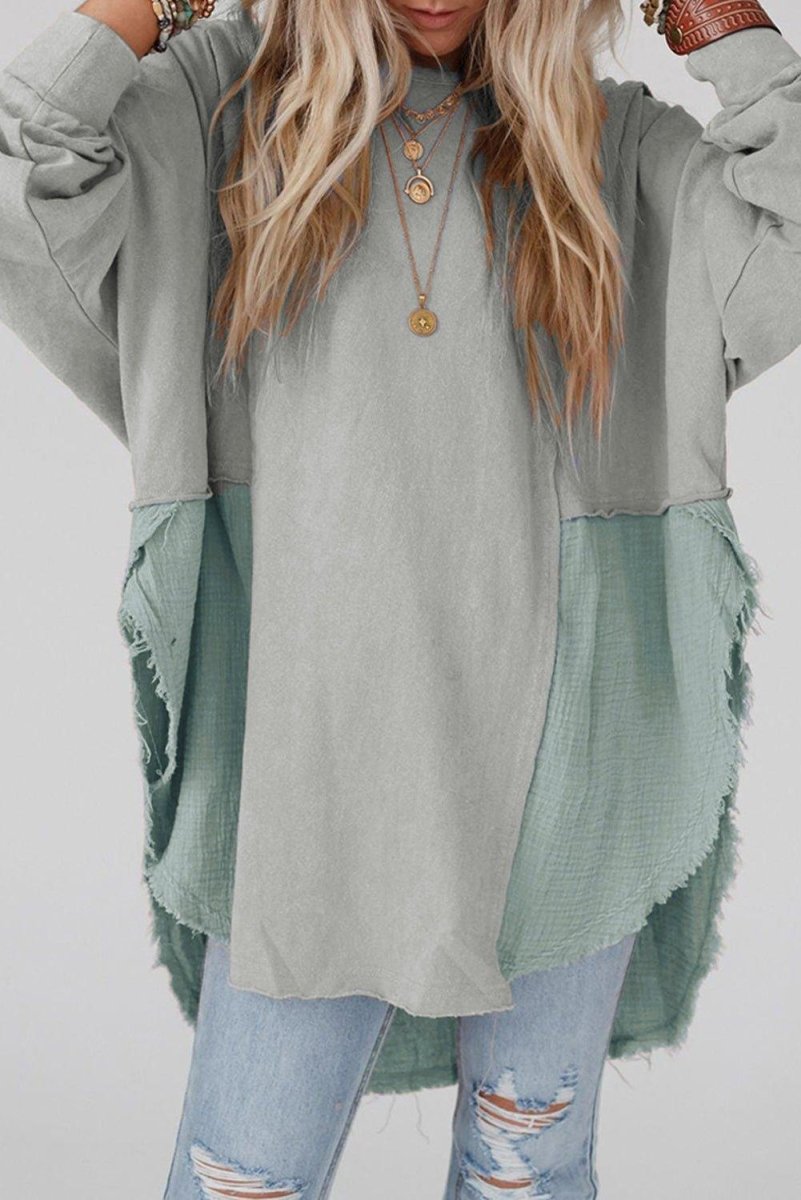 Crinkle Splicing Fringe Oversized Blouse - Klazzi Fashion Boutique