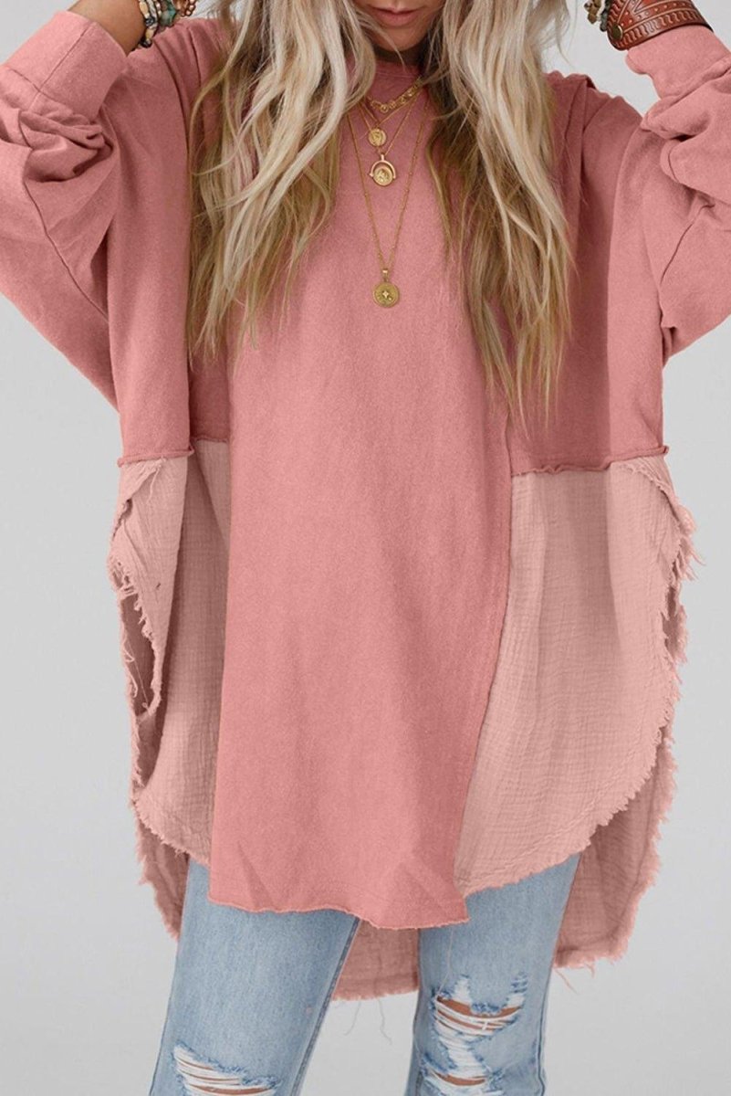 Crinkle Splicing Fringe Oversized Blouse - Klazzi Fashion Boutique