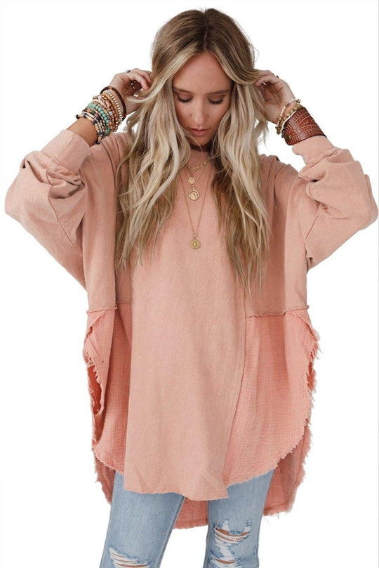 Crinkle Splicing Fringe Oversized Blouse - Klazzi Fashion Boutique