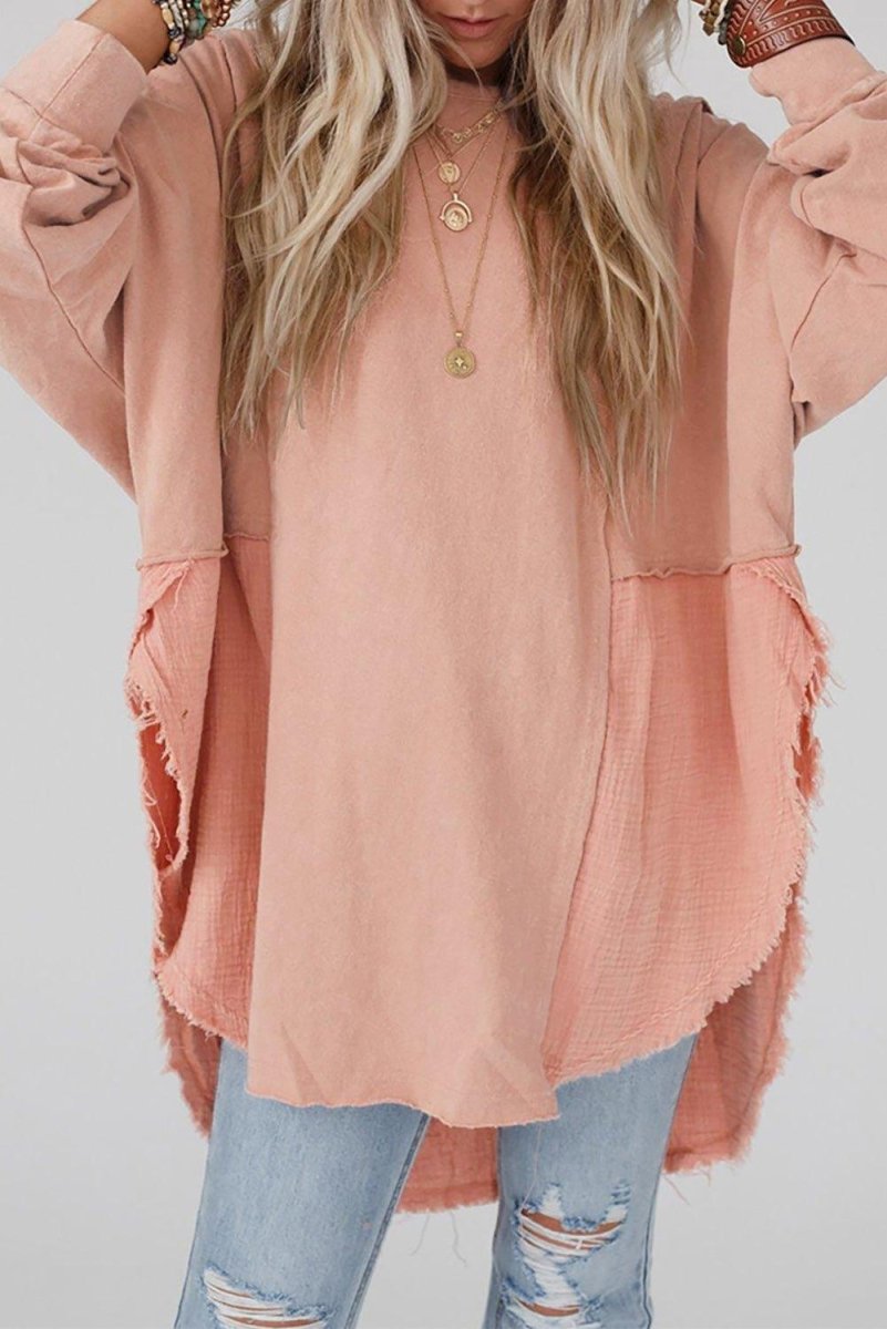 Crinkle Splicing Fringe Oversized Blouse - Klazzi Fashion Boutique