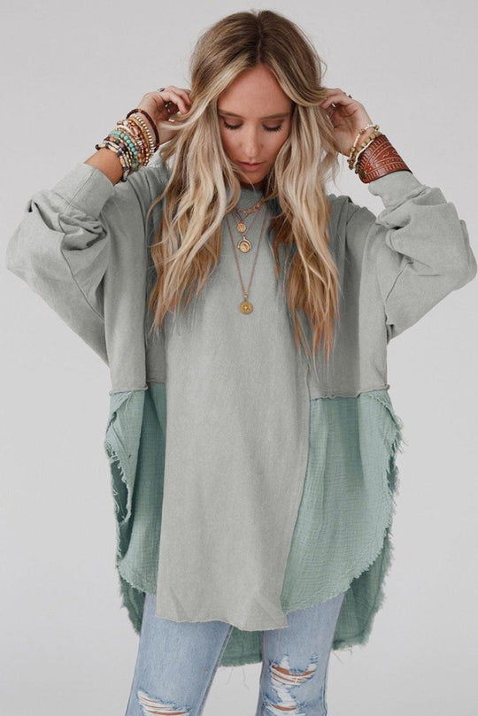 Crinkle Splicing Fringe Oversized Blouse - Klazzi Fashion Boutique