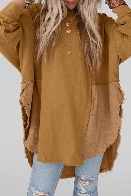 Crinkle Splicing Fringe Oversized Blouse - Klazzi Fashion Boutique