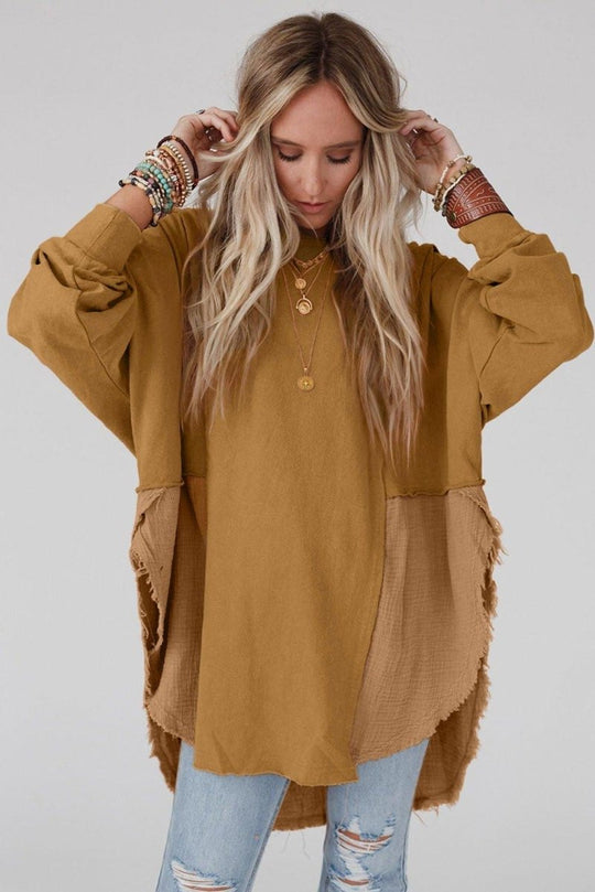 Crinkle Splicing Fringe Oversized Blouse - Klazzi Fashion Boutique