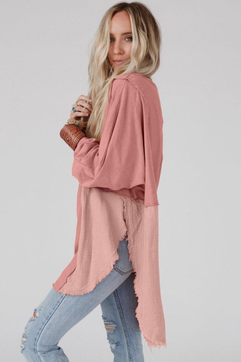 Crinkle Splicing Fringe Oversized Blouse - Klazzi Fashion Boutique