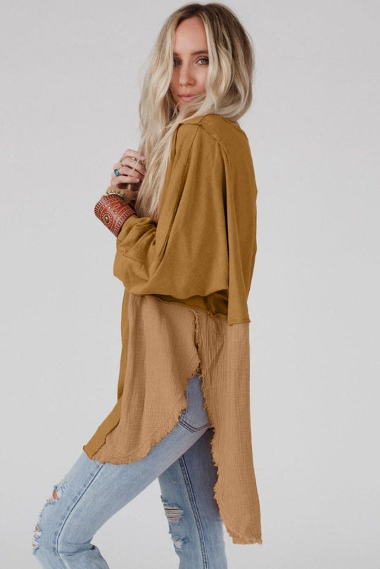 Crinkle Splicing Fringe Oversized Blouse - Klazzi Fashion Boutique