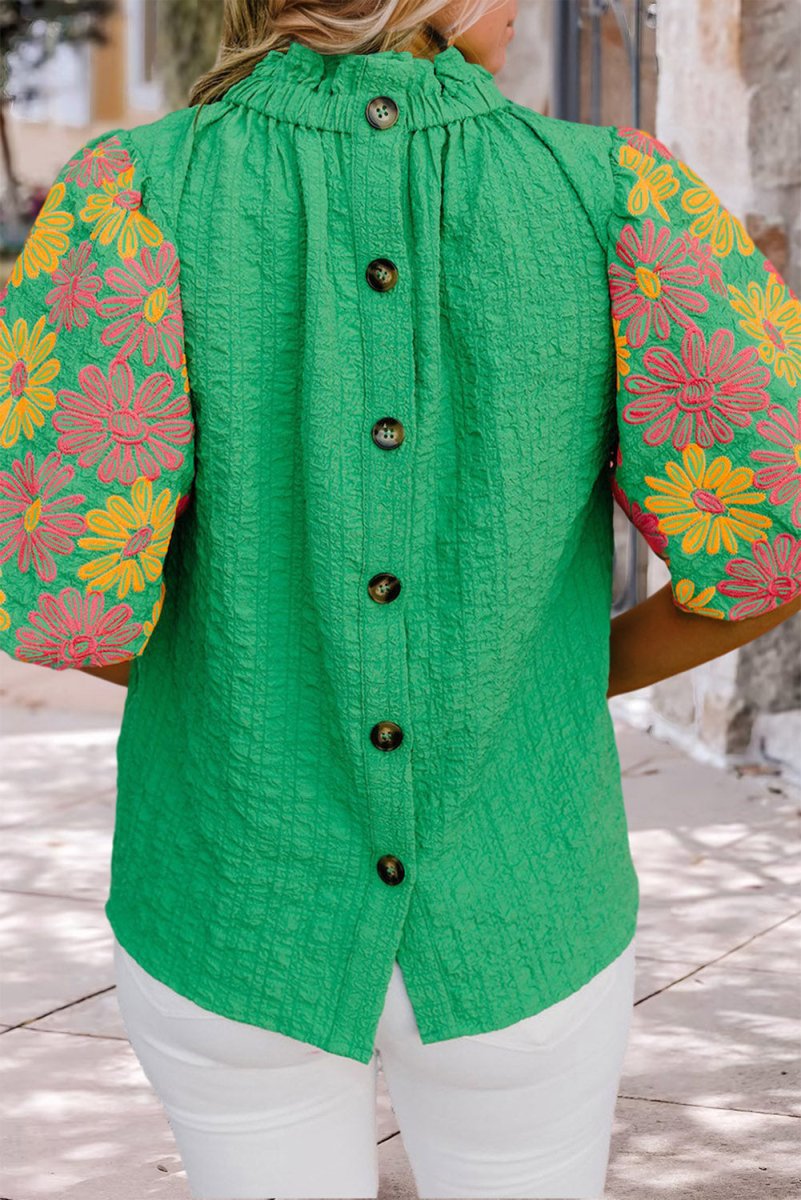 Crinkled Bright Green Ruffled Floral Blouse - Klazzi Fashion Boutique