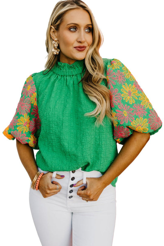 Crinkled Bright Green Ruffled Floral Blouse - Klazzi Fashion Boutique