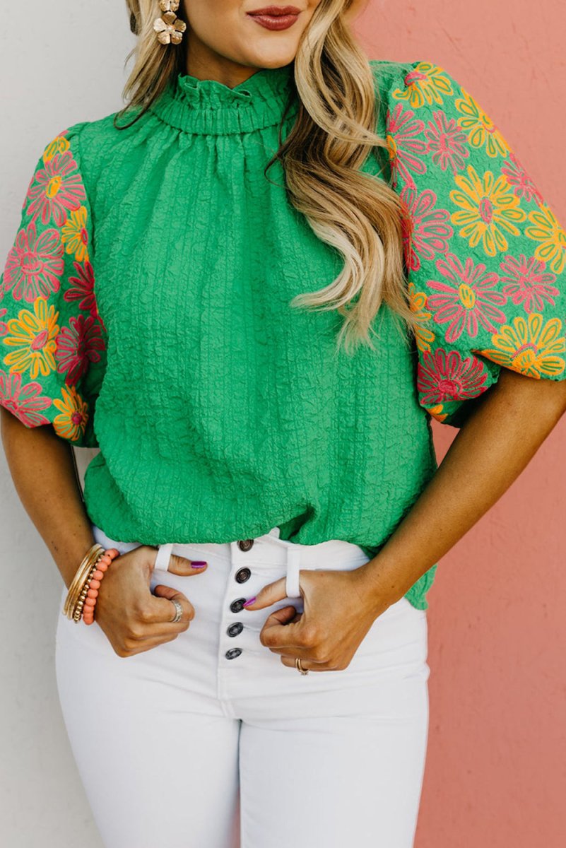 Crinkled Bright Green Ruffled Floral Blouse - Klazzi Fashion Boutique