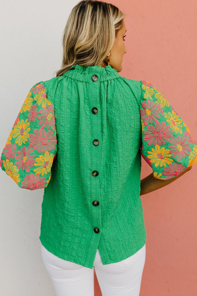 Crinkled Bright Green Ruffled Floral Blouse - Klazzi Fashion Boutique