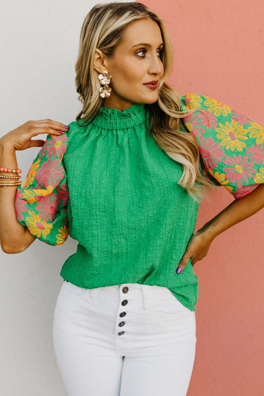 Crinkled Bright Green Ruffled Floral Blouse - Klazzi Fashion Boutique