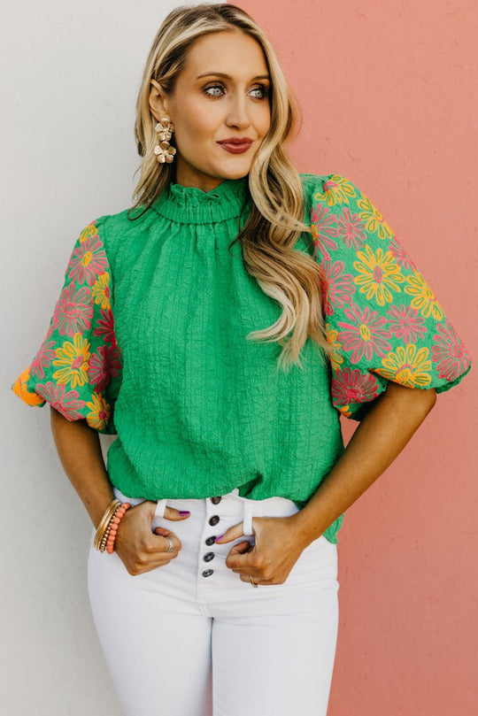 Crinkled Bright Green Ruffled Floral Blouse - Klazzi Fashion Boutique