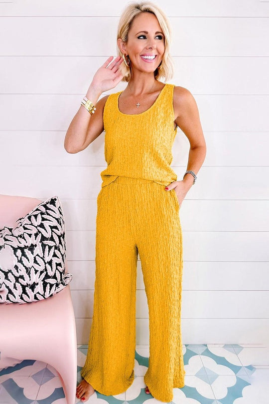 Crinkled Sunflower Wide Leg Pants Set - Klazzi Fashion Boutique