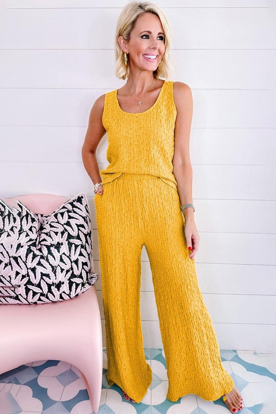 Crinkled Sunflower Wide Leg Pants Set - Klazzi Fashion Boutique