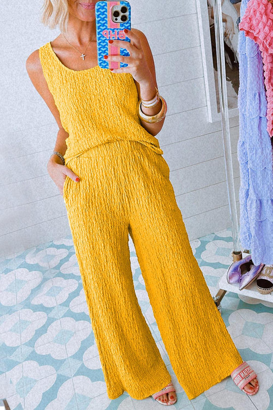 Crinkled Sunflower Wide Leg Pants Set