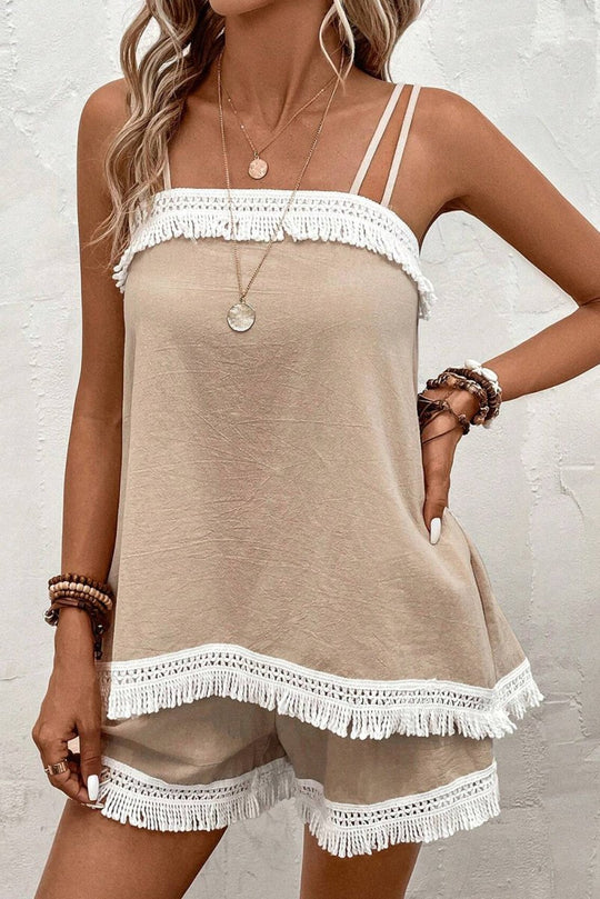 Crochet Khaki Fringe Shorts Set - Klazzi Fashion Boutique