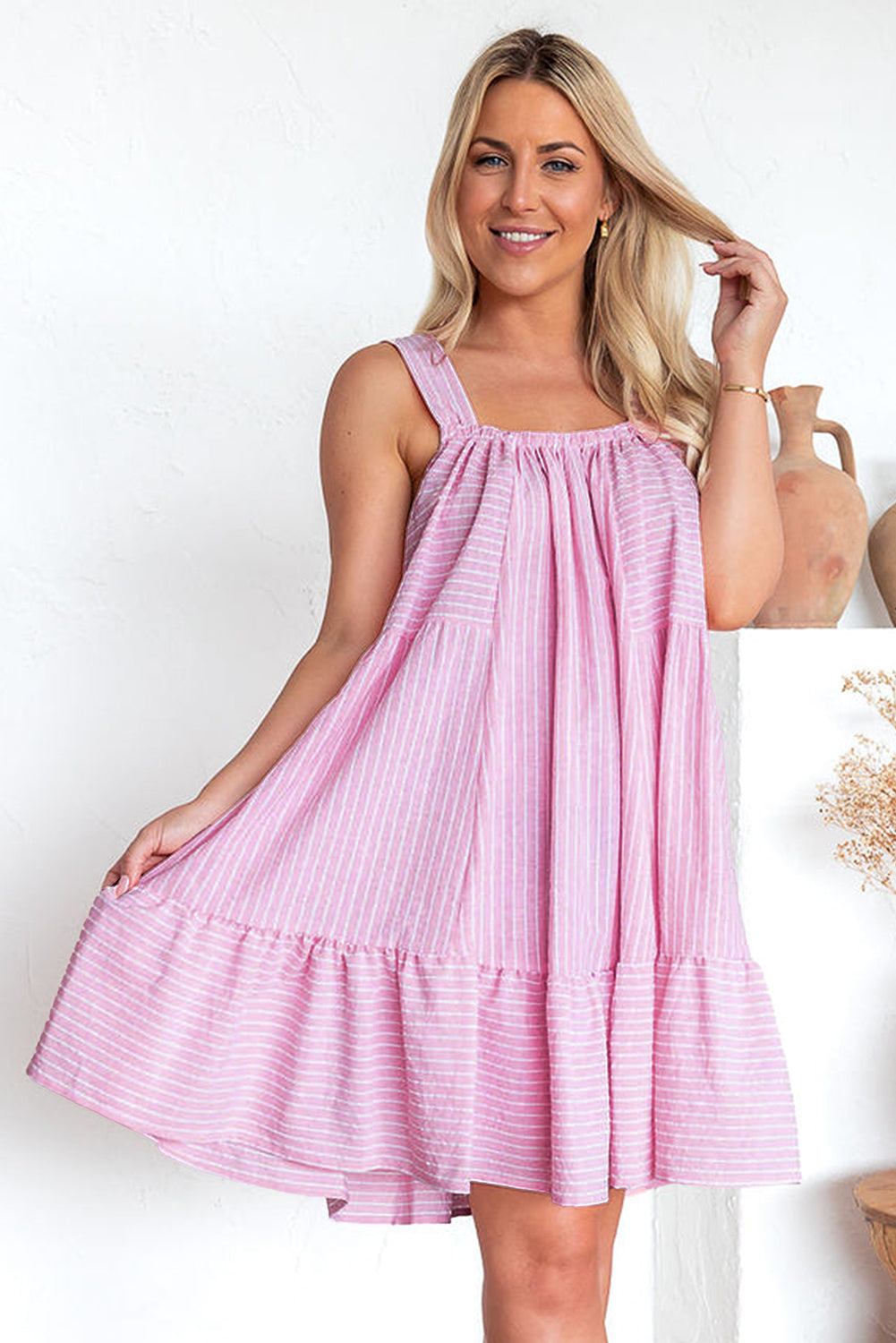 Ruffled Pink Pinstriped Mini Flared Dress - Klazzi Fashion Boutique