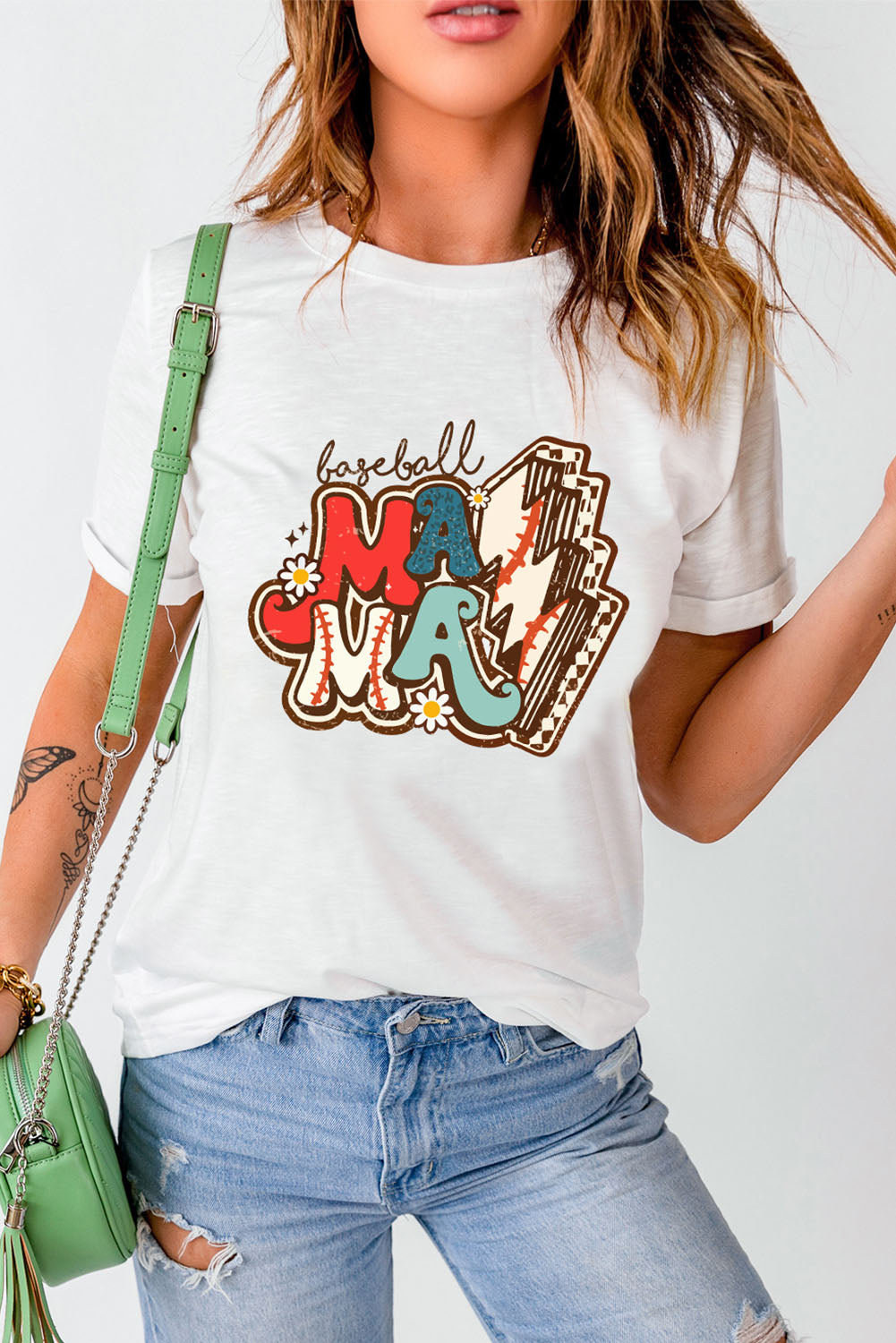  Baseball "Mama' White Bolt Graphic T Shirt