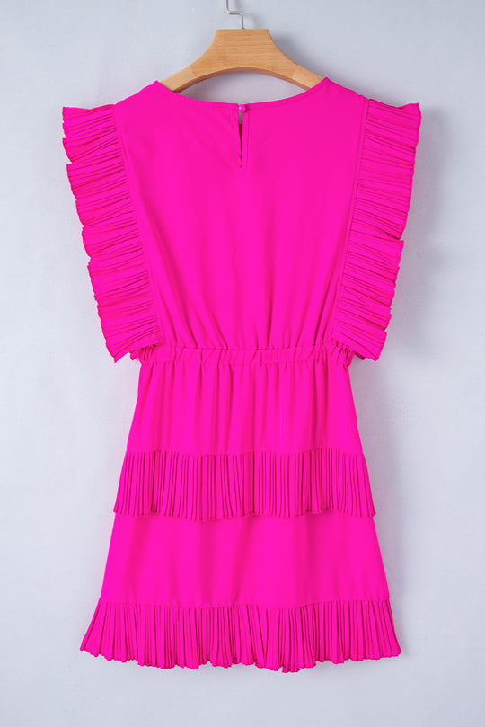 Kendall Pleated Bright Pink Layered Flutter Mini Dress - Klazzi Fashion Boutique