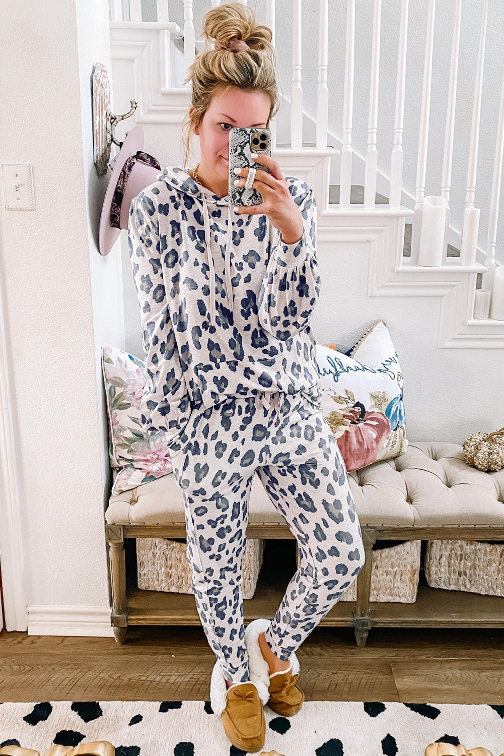 Sassy Leopard Drawstring Hoodie Pajama Set