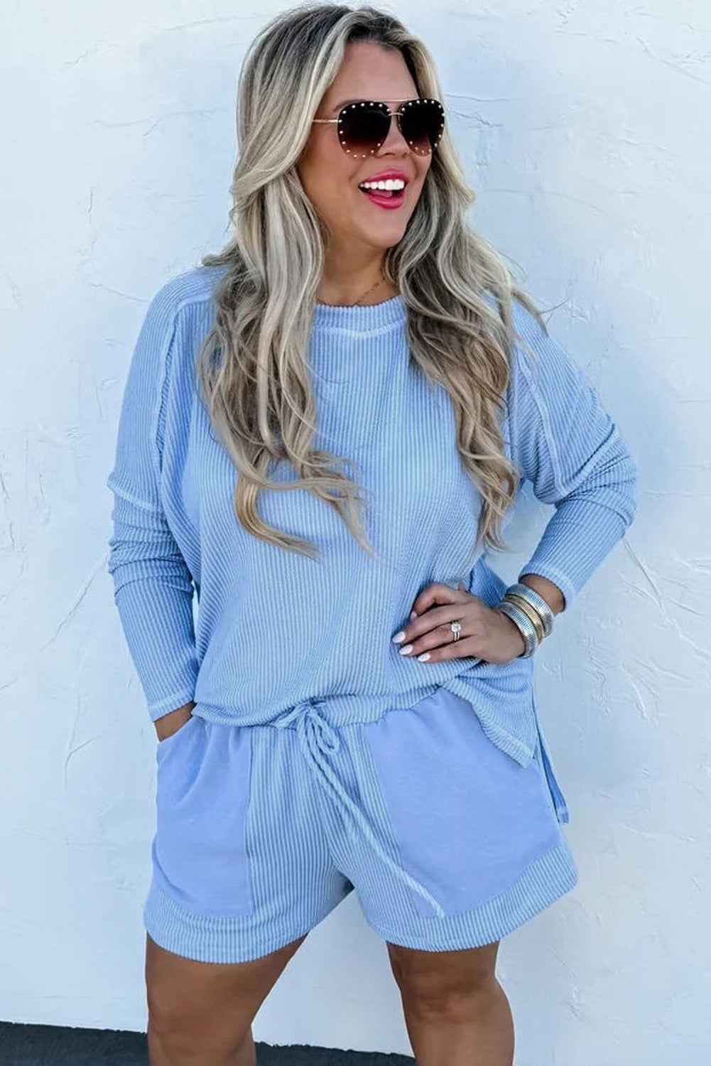 Plus Size Drawstring Long Sleeve Top and Short Set