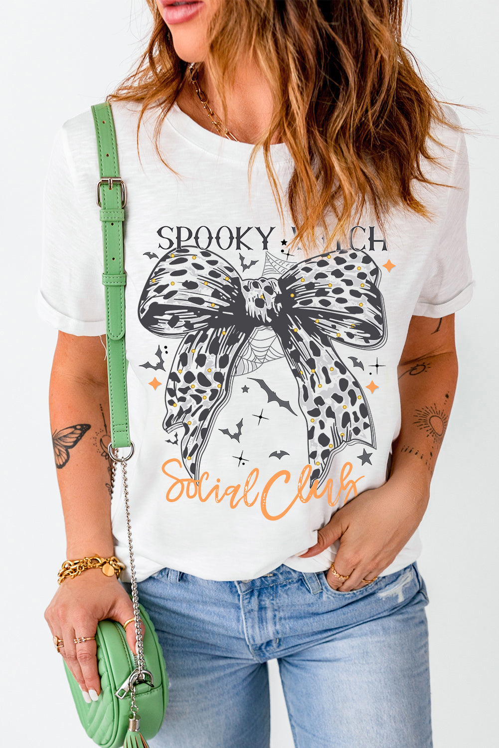  Leopard Bow Bat "SPOOKY WITCH" Graphic Halloween T Shirt