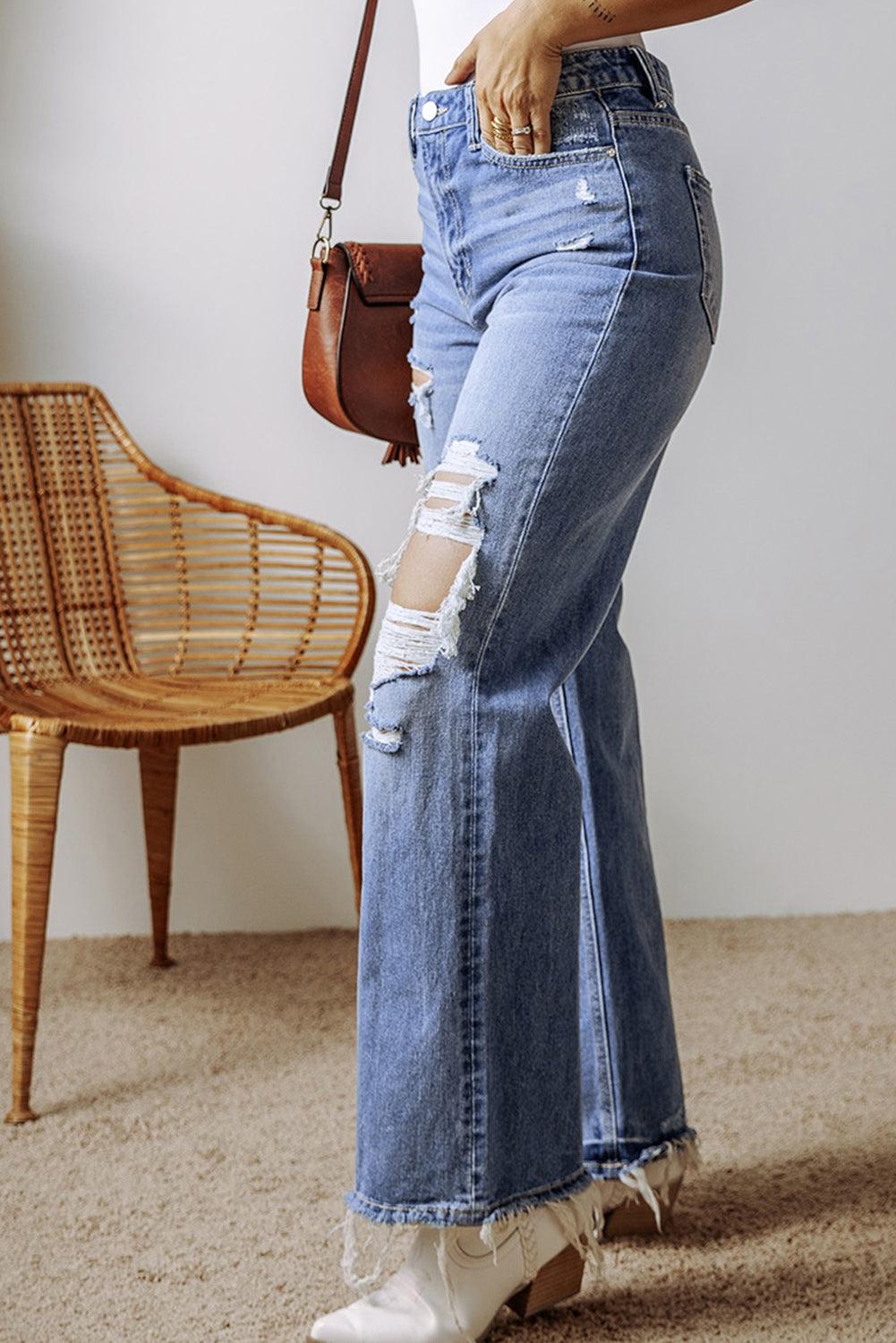 Distressed Destroyed Straight Leg High Waist Denim