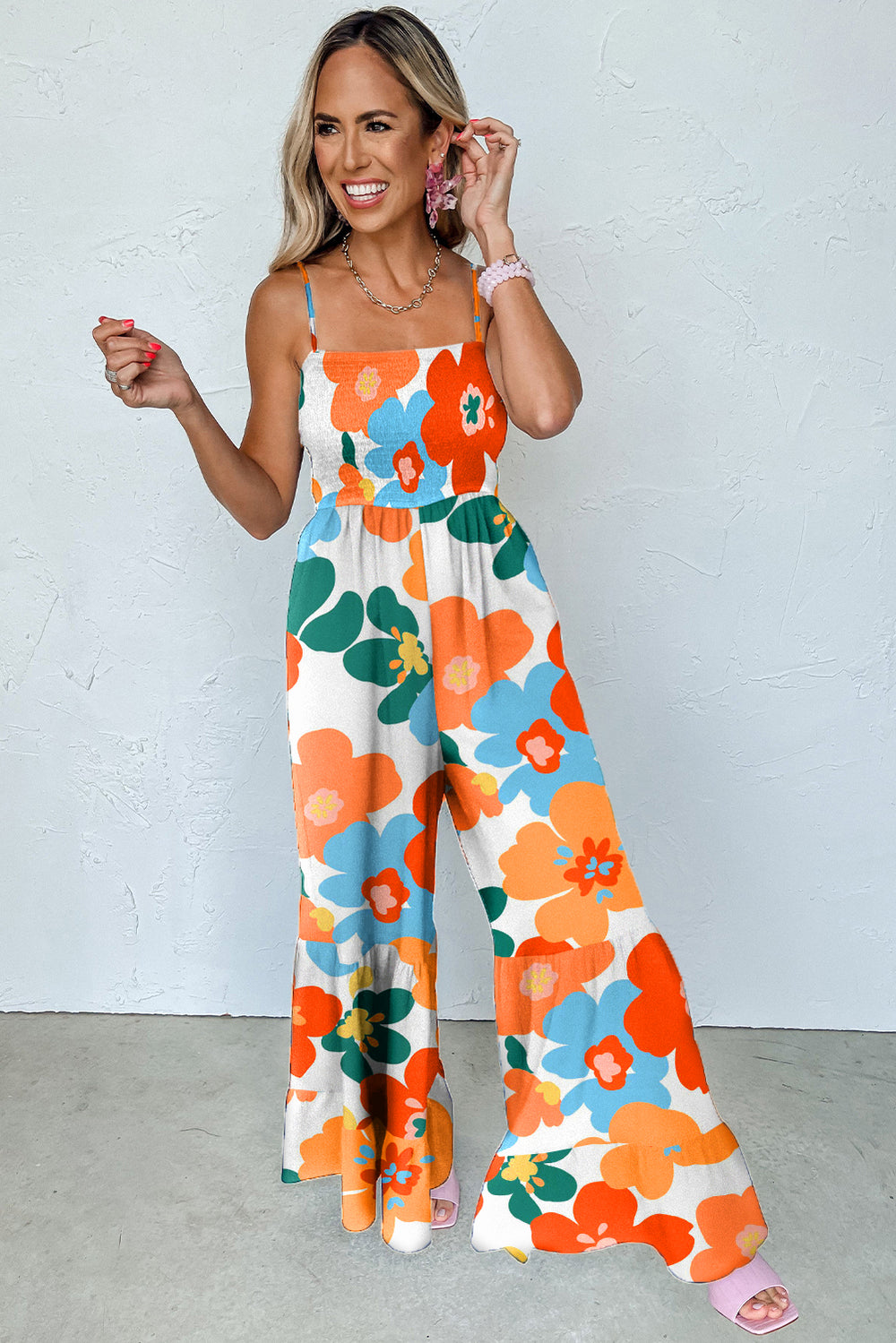 Orange Floral Wide Leg Jumpsuit