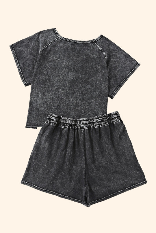 Black Acid Washed Short Lounge Set - Klazzi Fashion Boutique