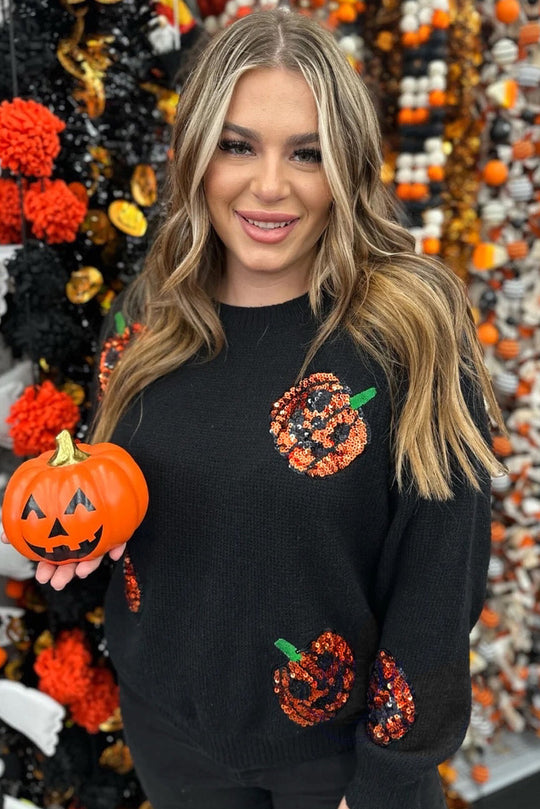 Plus Size Halloween Sequin Pumpkin Pattern Sweater