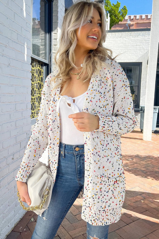 Dotted Multicolor Dotted Cream Knit Long Sleeve Cardigan