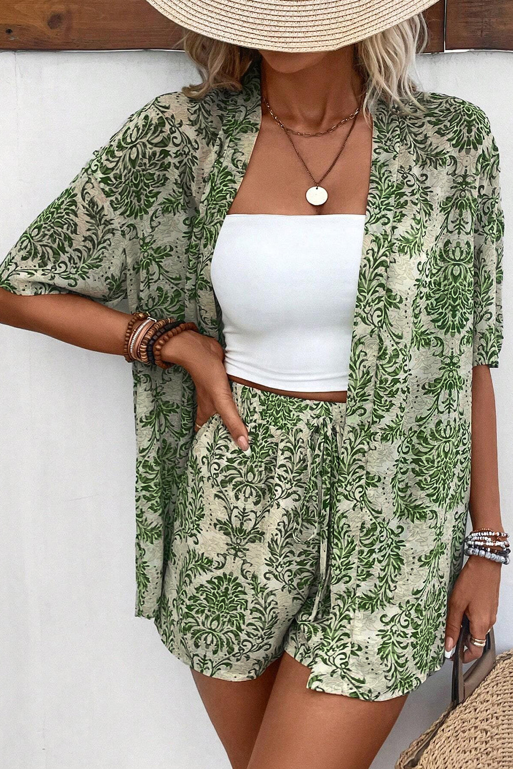 Green Vintage Floral Open Top and Short Set