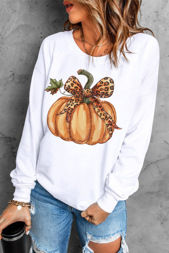 Sassy Leopard Bow Pumpkin Graphic Sweatshirt