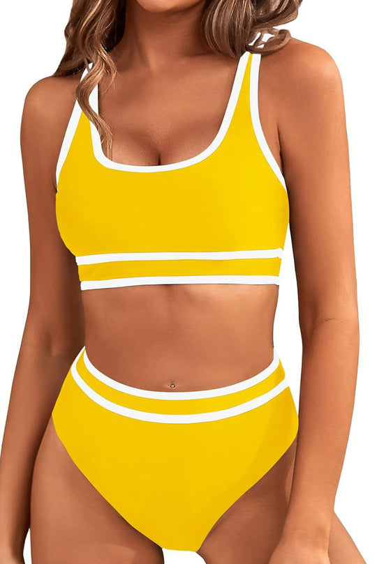 Yellow Contrast Trimmed U Neck High Waist Bikini - Klazzi Fashion Boutique