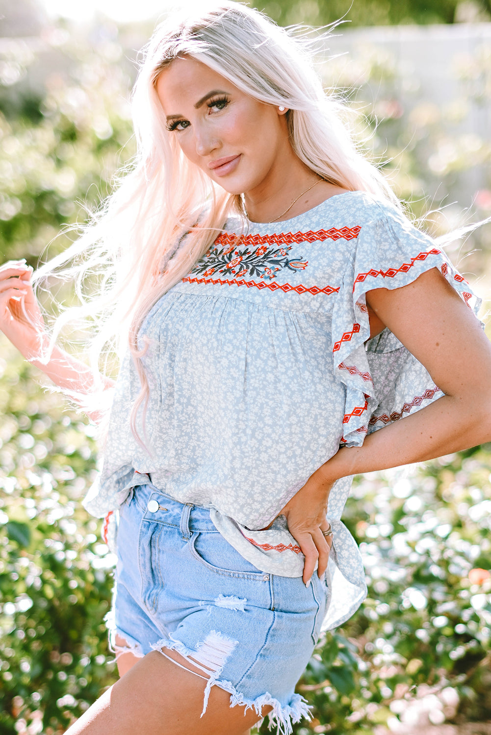 Boho Baby Blue Embroidered Floral Blouse