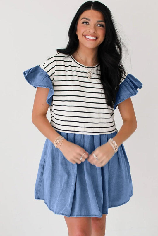 Denim Stripe Ruffle Mini Dress