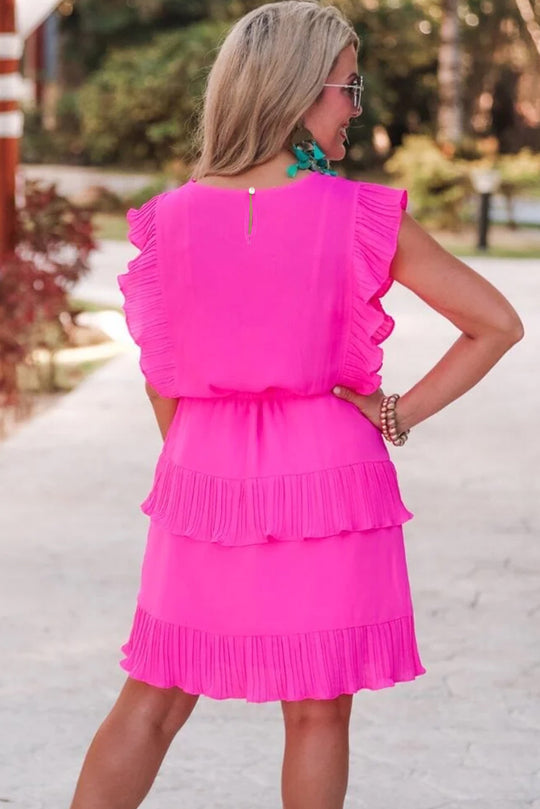 Kendall Pleated Bright Pink Layered Flutter Mini Dress