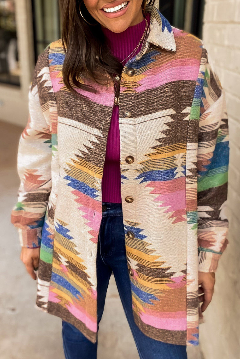 Western Multicolor Aztec Button Up Shacket