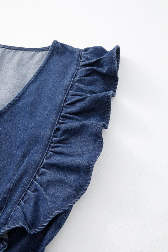 Ruffled Denim Zipper Romper