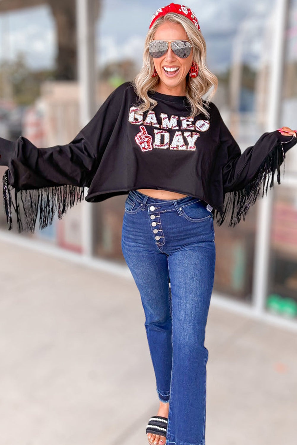  Sequin Tassel "GAME DAY" Football Cropped Sweatshirt