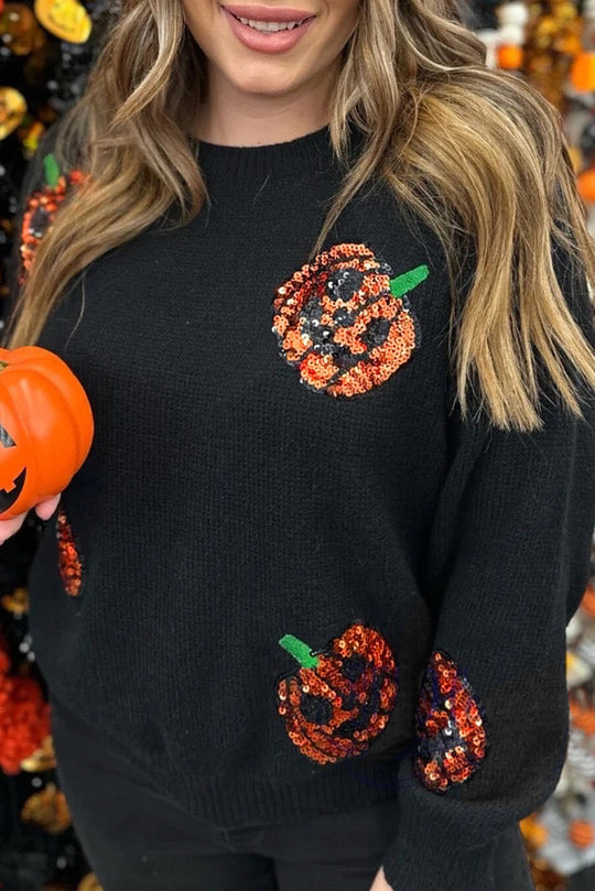 Plus Size Halloween Sequin Pumpkin Pattern Sweater