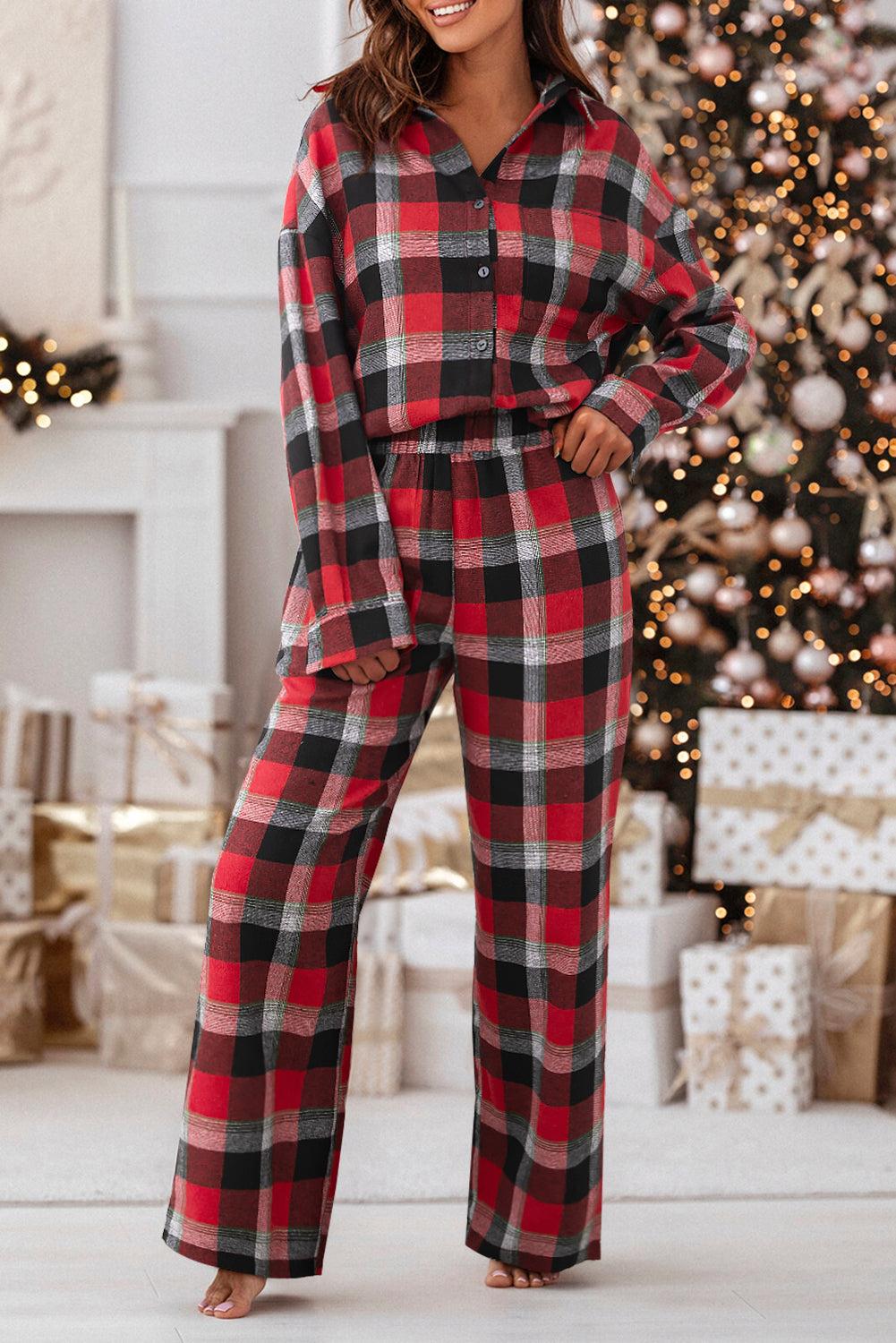 Checkered Red Plaid Pattern Pants Lounge Set