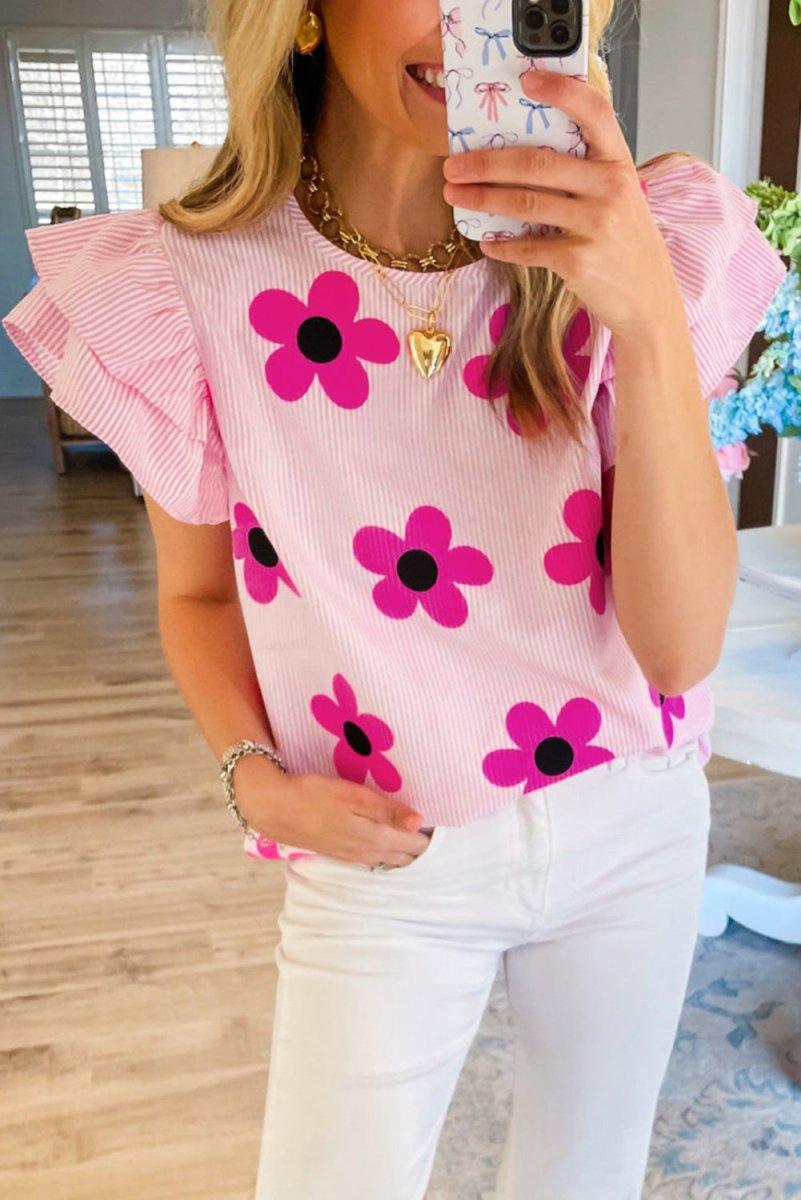 Daisy Pink Pinstripe Ruffled Sleeve Blouse - Klazzi Fashion Boutique