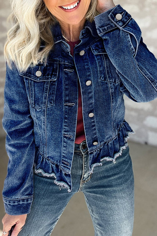 Dani Ruffle Distressed Denim Jacket - Klazzi Fashion Boutique