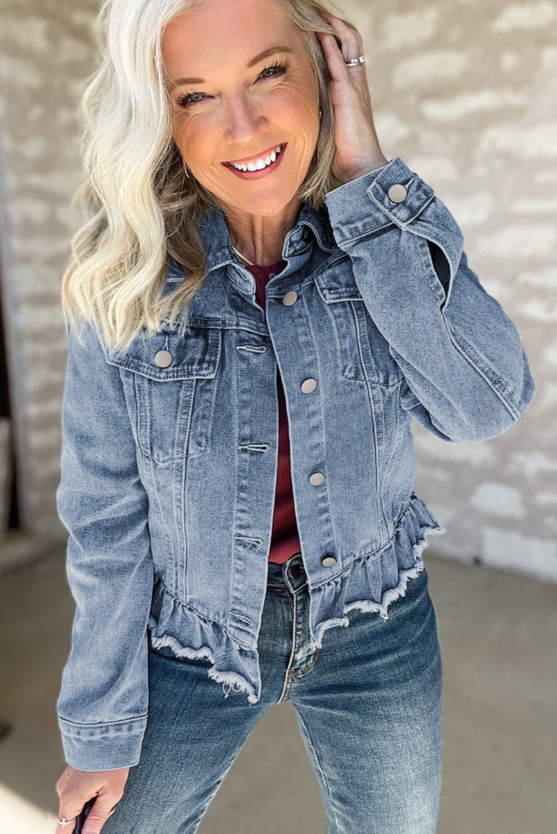 Dani Ruffle Distressed Denim Jacket - Klazzi Fashion Boutique