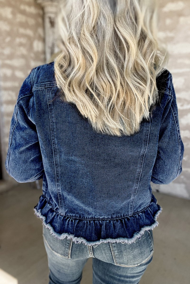 Dani Ruffle Distressed Denim Jacket - Klazzi Fashion Boutique